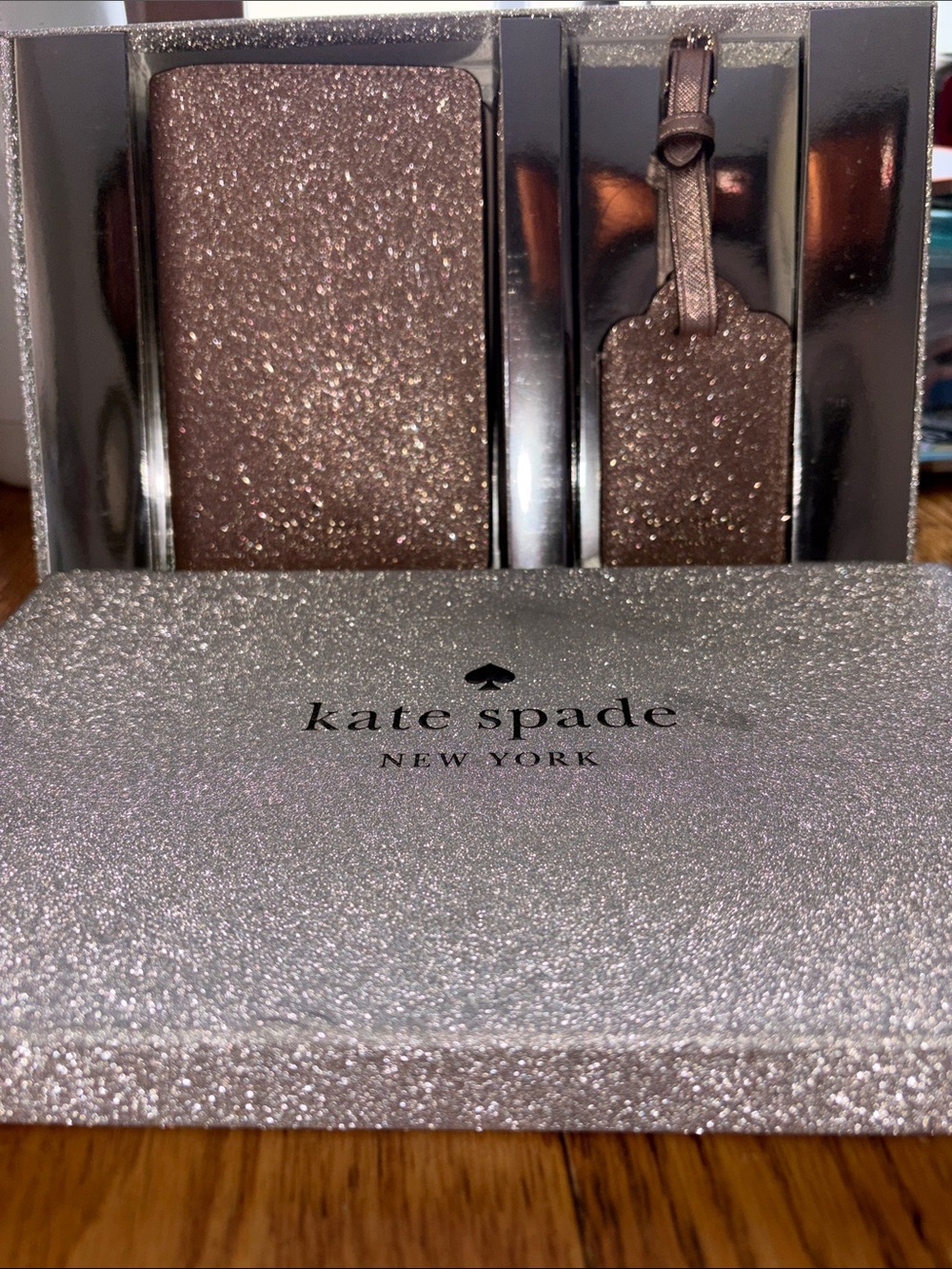 Kate Spade New York Shimmy Glitter Boxed Travel Set in Rose Gold